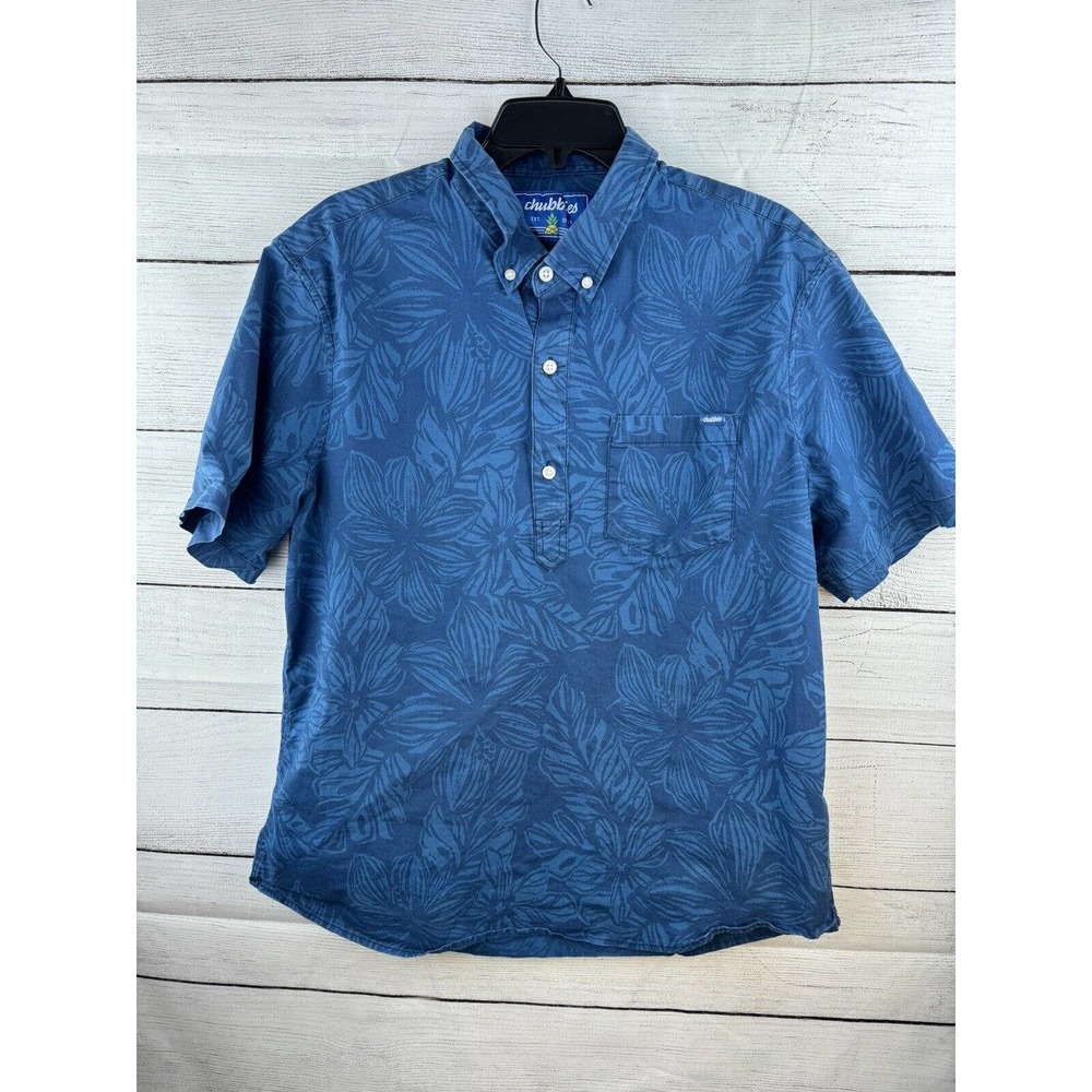 Chubbies Polo Shirt Blue Floral Stretchy Pullover Hawaiian Aloha Camp S/S XLarge